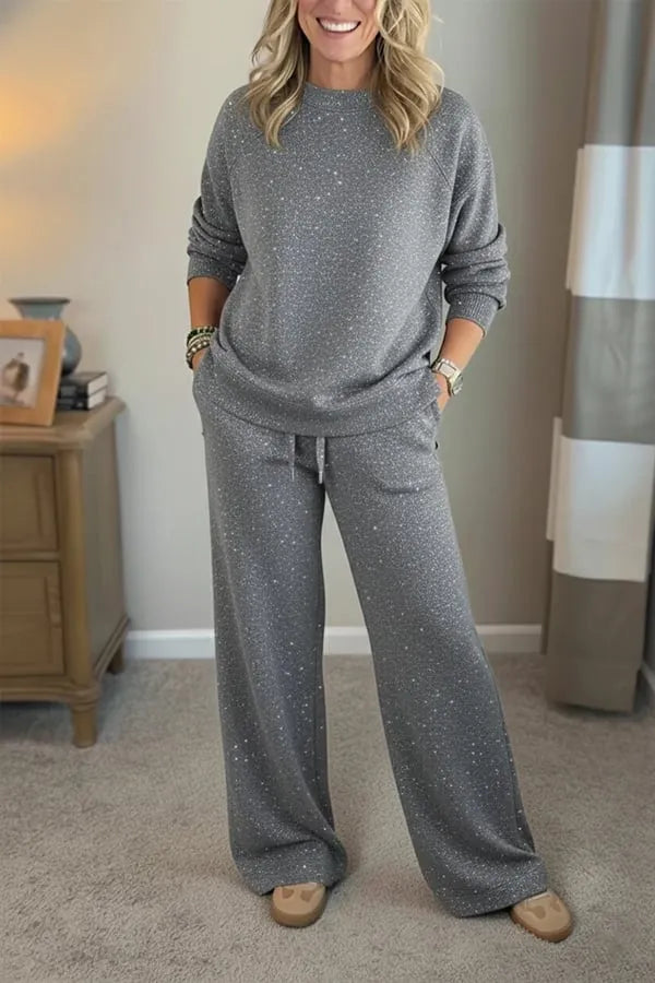 Amy | Shiny Casual Two-Piece Set for Women β Trousers and Top with Round Neck