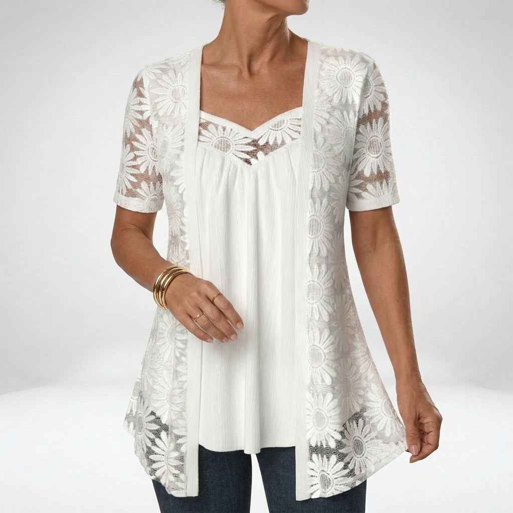 Prudence™ | Elegant White Lace Short-Sleeve Blouse
