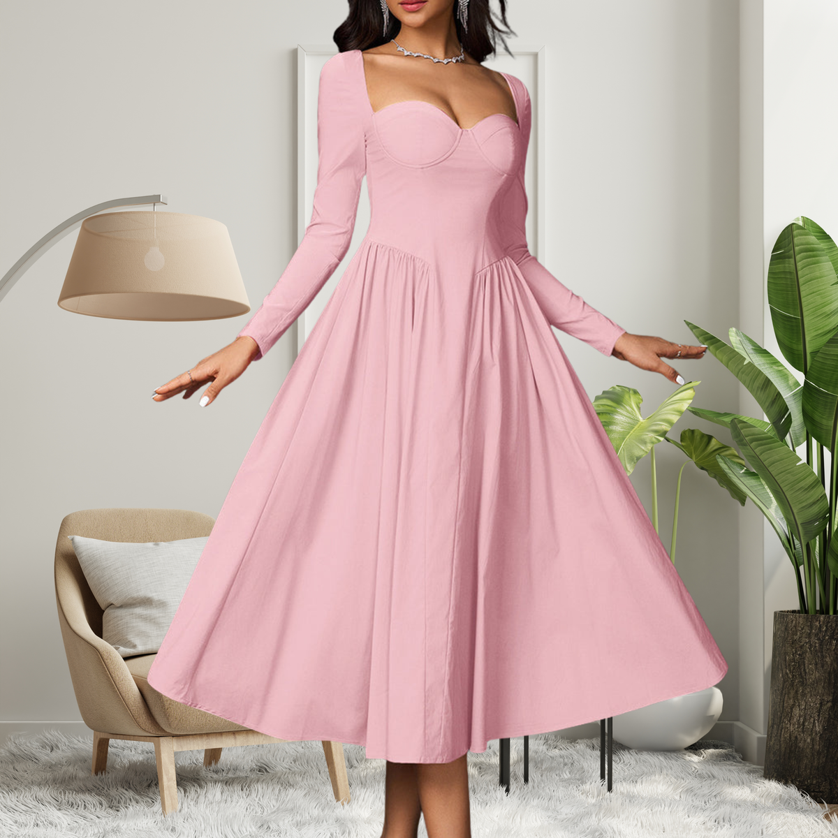 AKILA | Elegant Heart Neckline Long Sleeve A-Line Maxi Dress