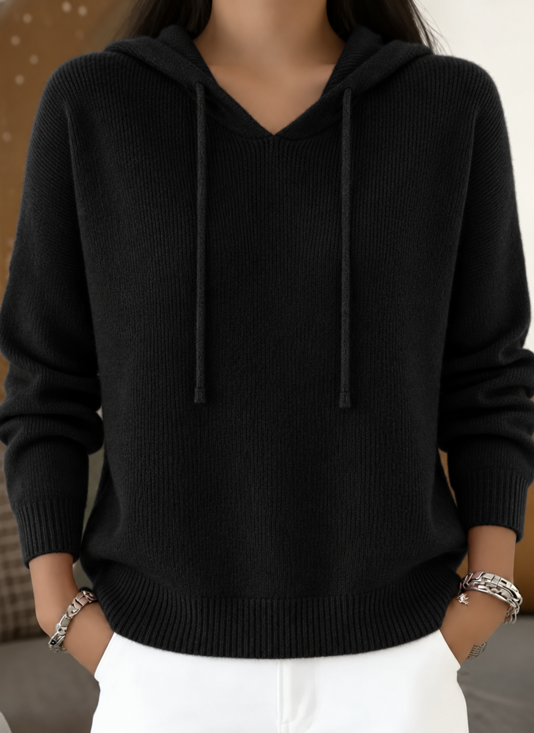 Charlton Women's Cashmere Mink Blend Hooded Knit Jumper Drawstring Hood
