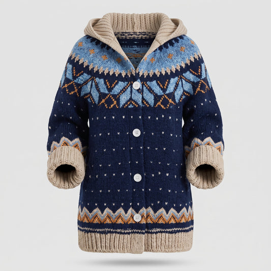 Women's Knitted Hooded Cardigan with Fair Isle Pattern