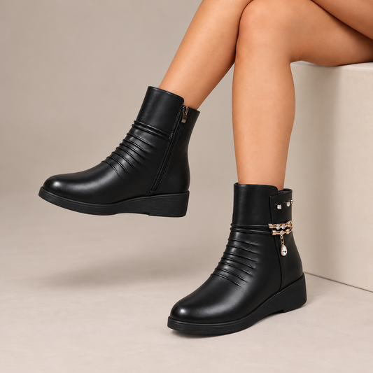 Seraphina™ | Ruched Jewel-Chain Wedge Ankle Boots