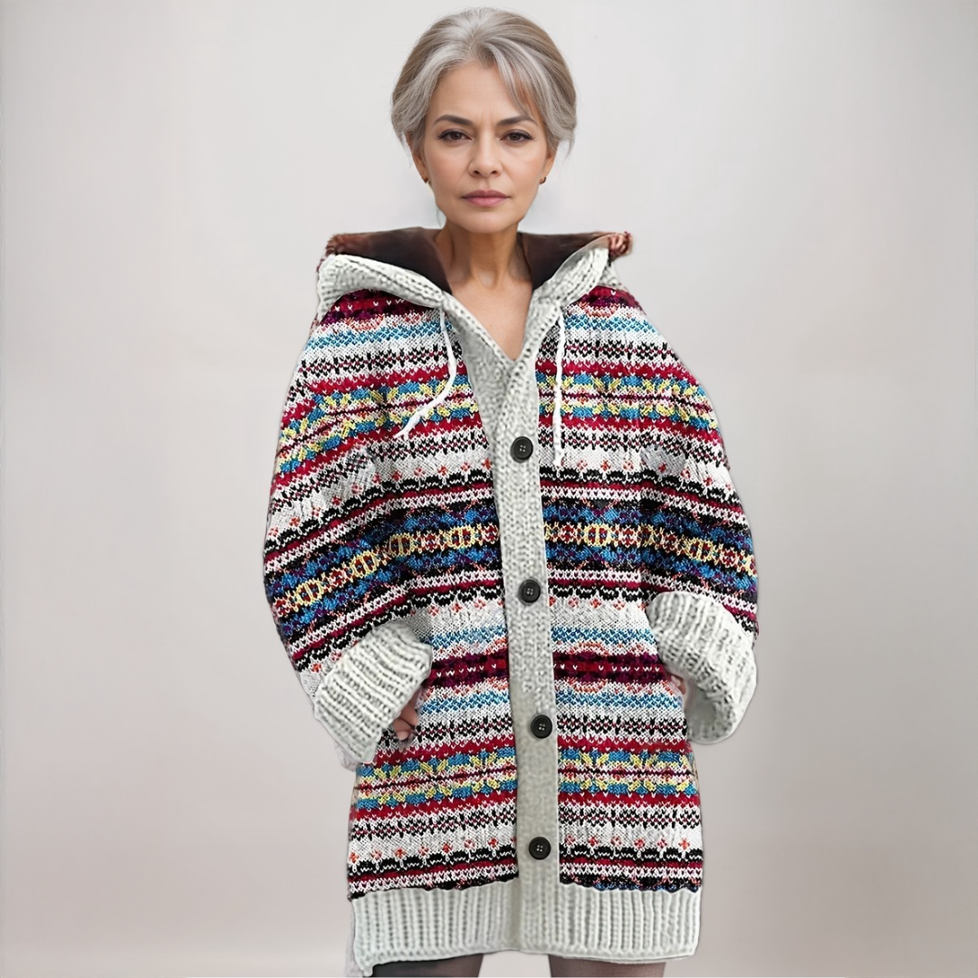 Women's Knitted Hooded Cardigan with Fair Isle Pattern