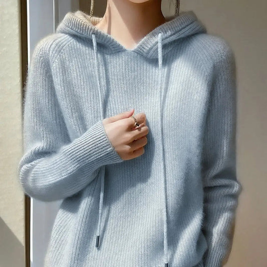Charlton Women's Cashmere Mink Blend Hooded Knit Jumper Drawstring Hood