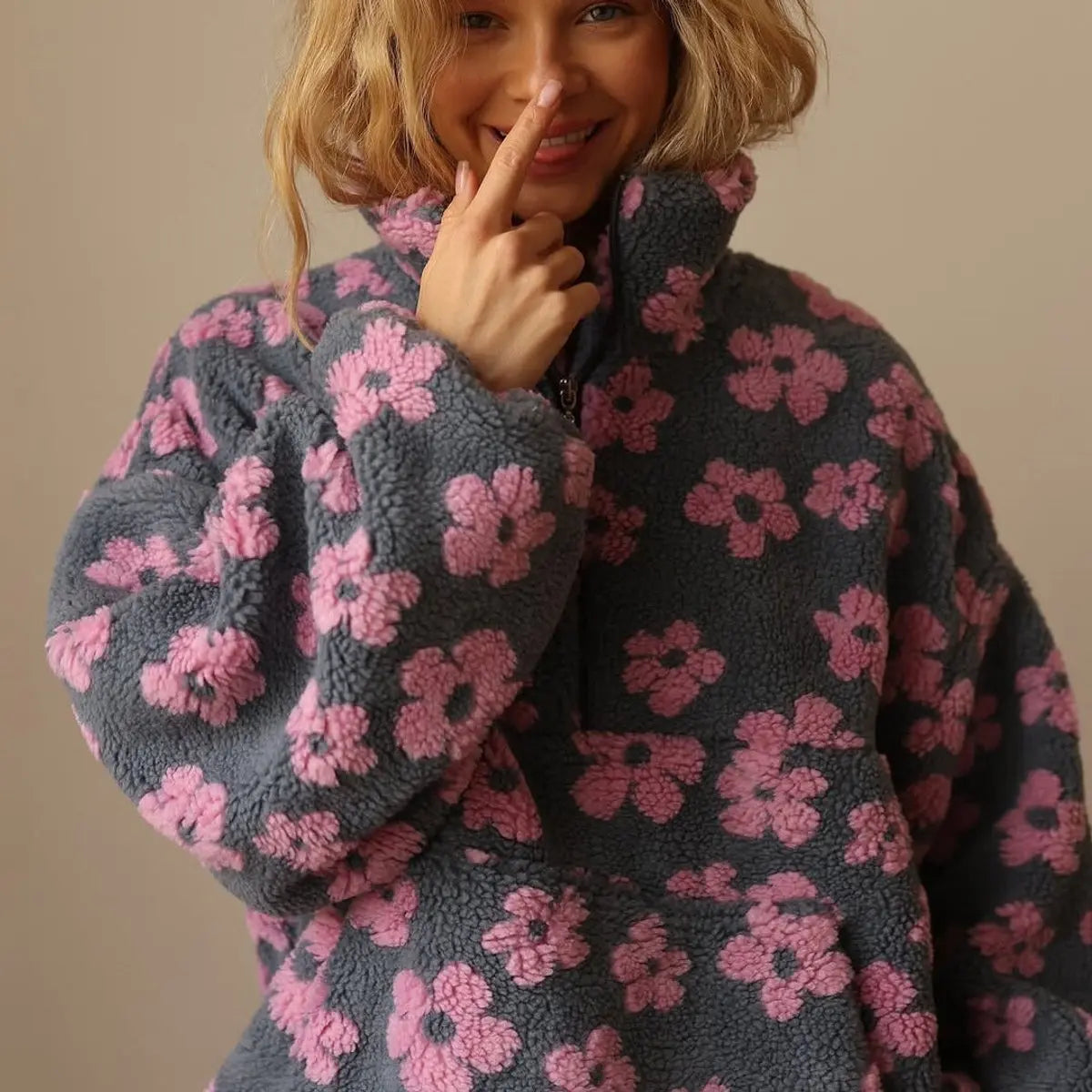 Braxton Women's Floral Sherpa Fleece Oversized Half-Zip Pullover Sweater