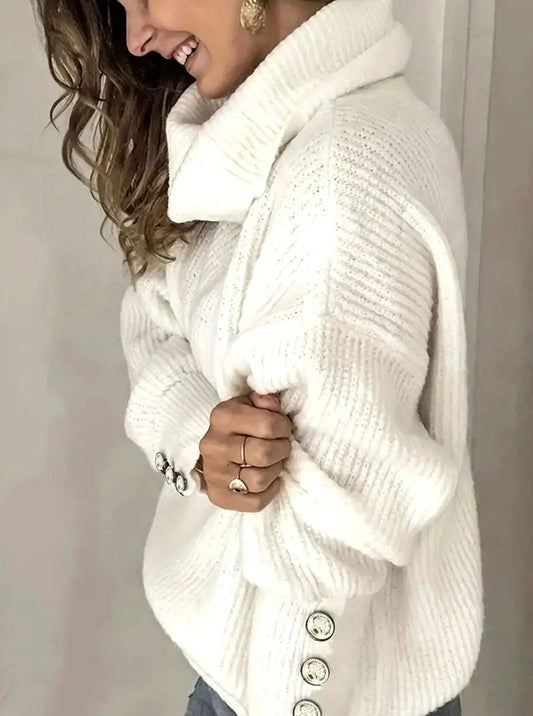 Preston Women's Ribbed Cowl Neck Sweater Button-Cuff Knit Jumper
