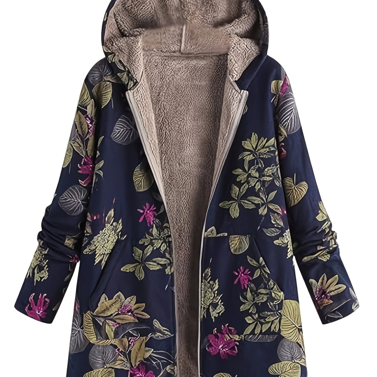 Dames etnische bloemenprint capuchonjas - gevoerd, met rits, losvallend en warm - voor herfst en winter