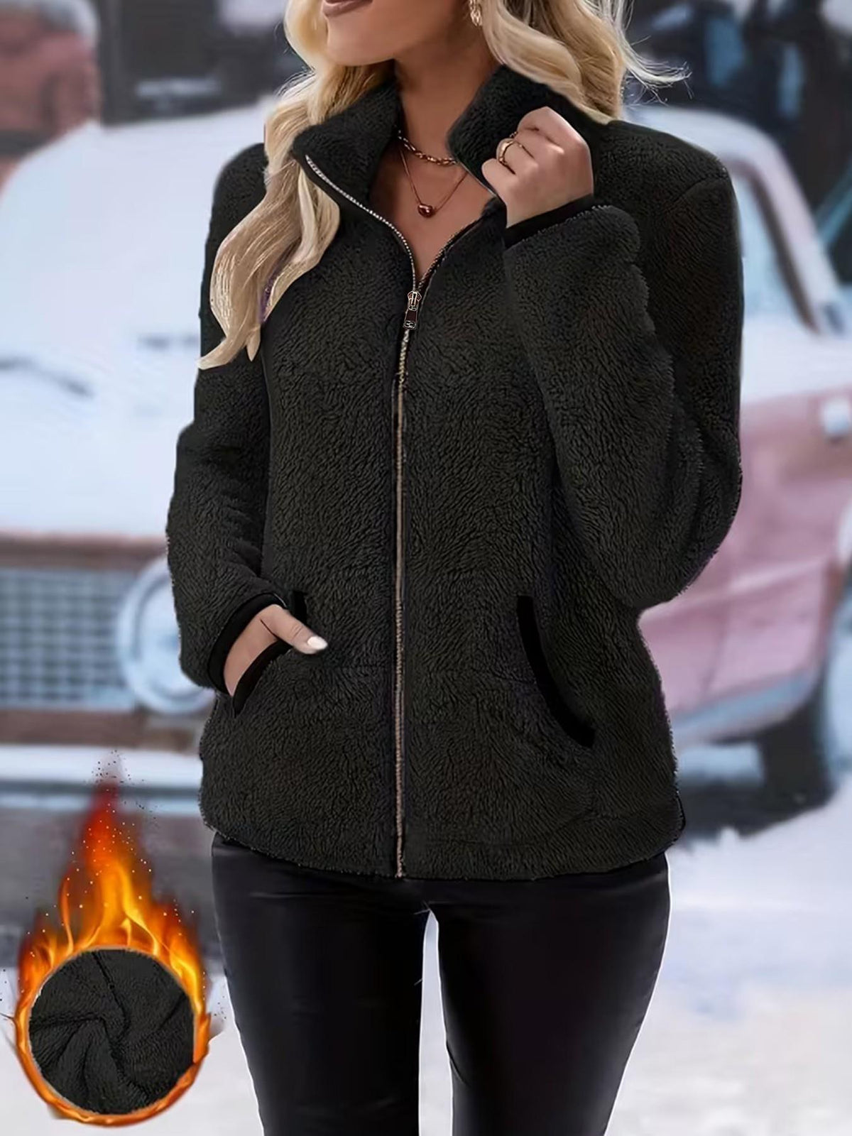 Dames Herfst Winter Fleece Jas met Rits, Opstaande Kraag Contrast Bies Zakken Zachte Teddy Pluche Korte Jas