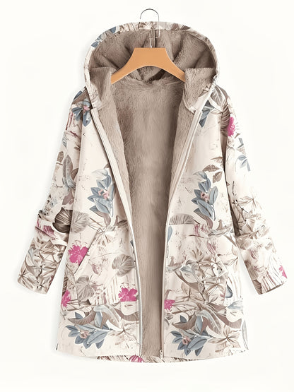 Vintage damesjas met capuchon, rits, verdikt, warme print en zakken