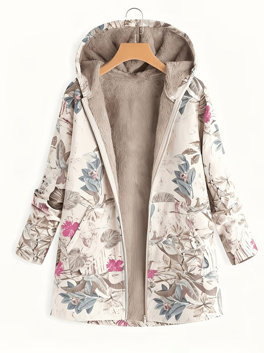 Vintage damesjas met capuchon, rits, verdikt, warme print en zakken