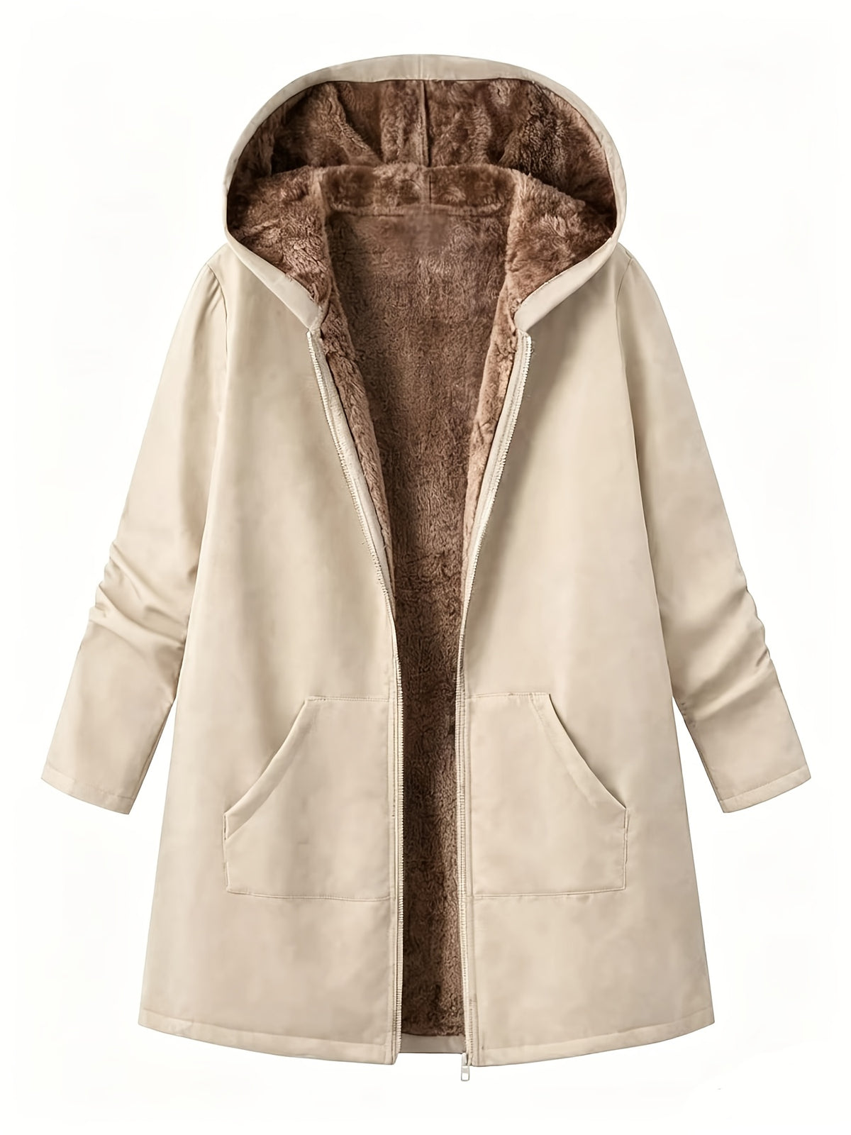 Winterjas in Europese & Amerikaanse stijl met capuchon en voering, rits, dubbele zakken, effen kleur, halflang, warme bovenkleding