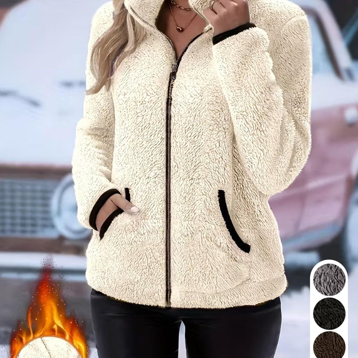 Dames Herfst Winter Fleece Jas met Rits, Opstaande Kraag Contrast Bies Zakken Zachte Teddy Pluche Korte Jas