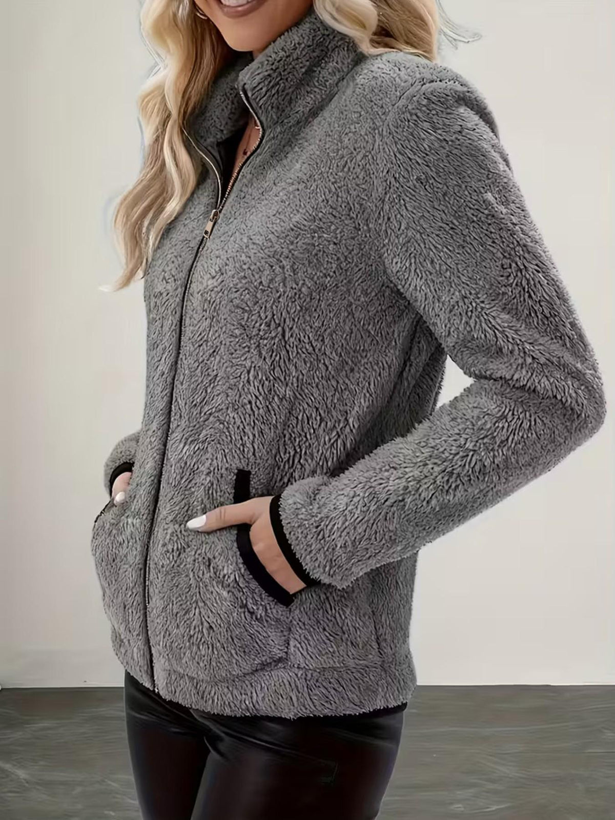 Dames Herfst Winter Fleece Jas met Rits, Opstaande Kraag Contrast Bies Zakken Zachte Teddy Pluche Korte Jas