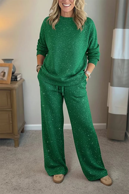 Amy | Shiny Casual Two-Piece Set for Women — Trousers and Top with Round Neck