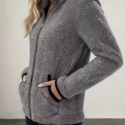 Dames Herfst Winter Fleece Jas met Rits, Opstaande Kraag Contrast Bies Zakken Zachte Teddy Pluche Korte Jas
