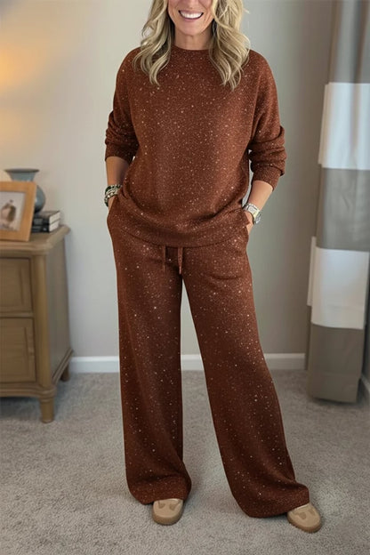 Amy | Shiny Casual Two-Piece Set for Women — Trousers and Top with Round Neck