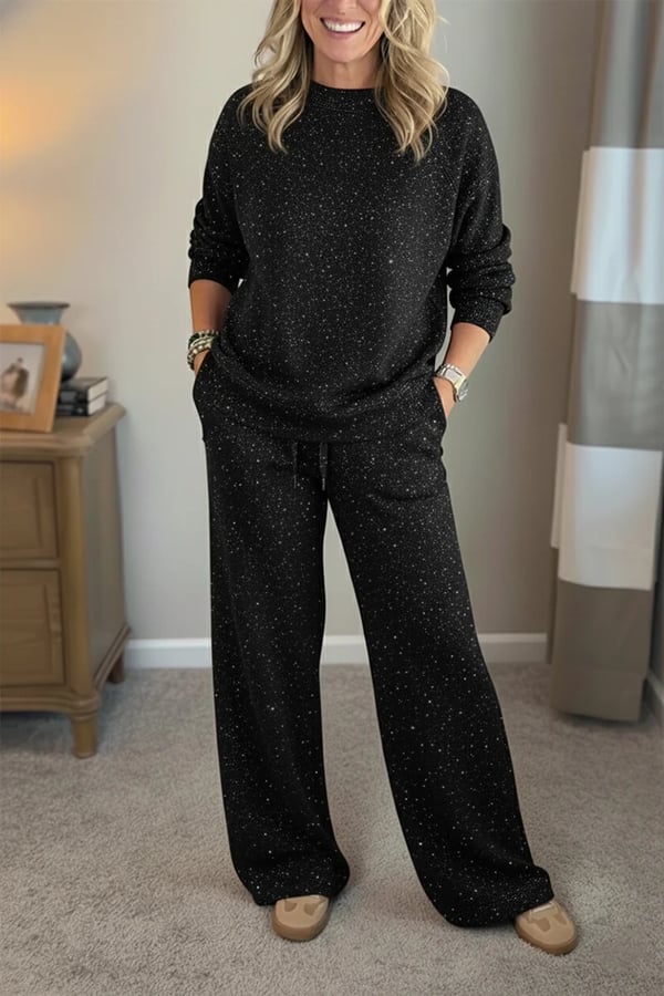 Amy | Shiny Casual Two-Piece Set for Women — Trousers and Top with Round Neck