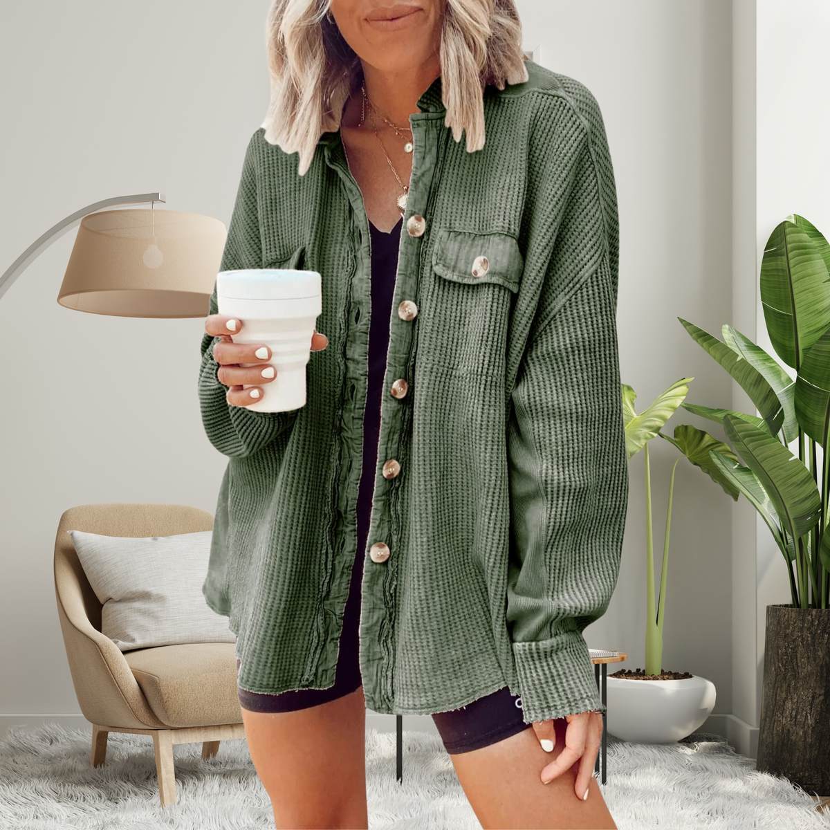 FAYE | Cozy Loose Fit Batwing Sleeve Button Down Jacket
