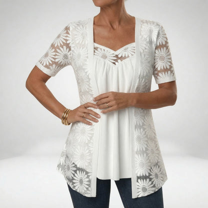 Prudence™ | Elegant White Lace Short-Sleeve Blouse