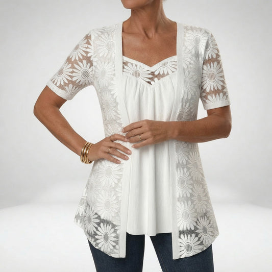 Prudence™ | Elegant White Lace Short-Sleeve Blouse