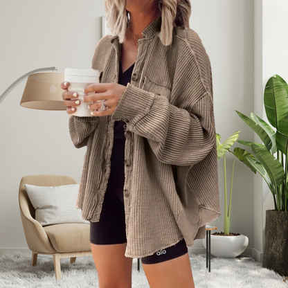 FAYE | Cozy Loose Fit Batwing Sleeve Button Down Jacket