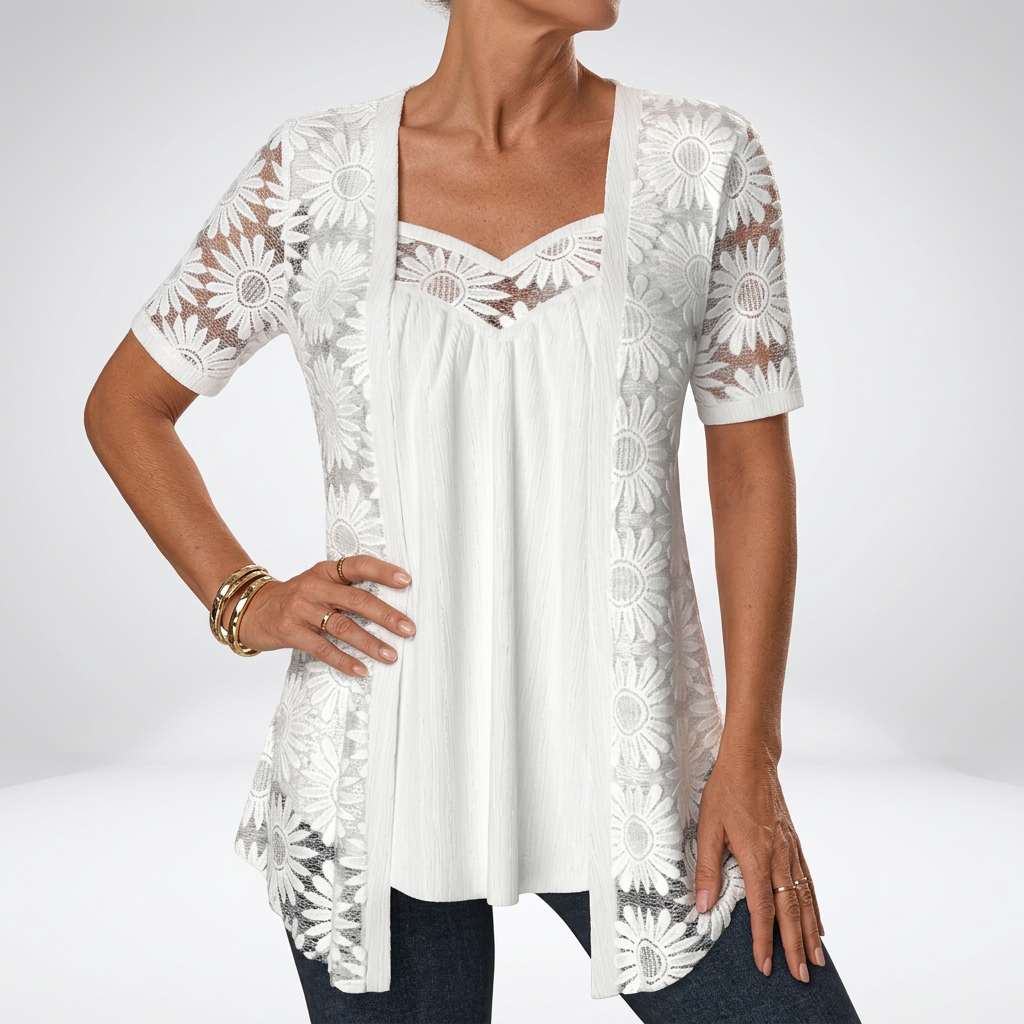 Prudence™ | Elegant White Lace Short-Sleeve Blouse