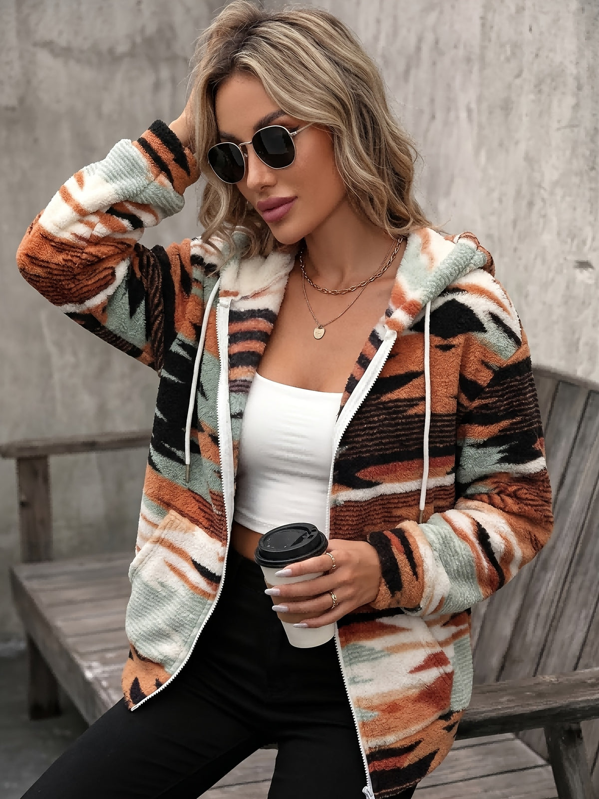Dames Vintage Bedrukte Fleece Jas met Rits en Capuchon, Losse Jas met Trekkoord en Capuchon en Zijzakken, Retro Warme Bovenkleding, Geschikt voor Herfst en Winter