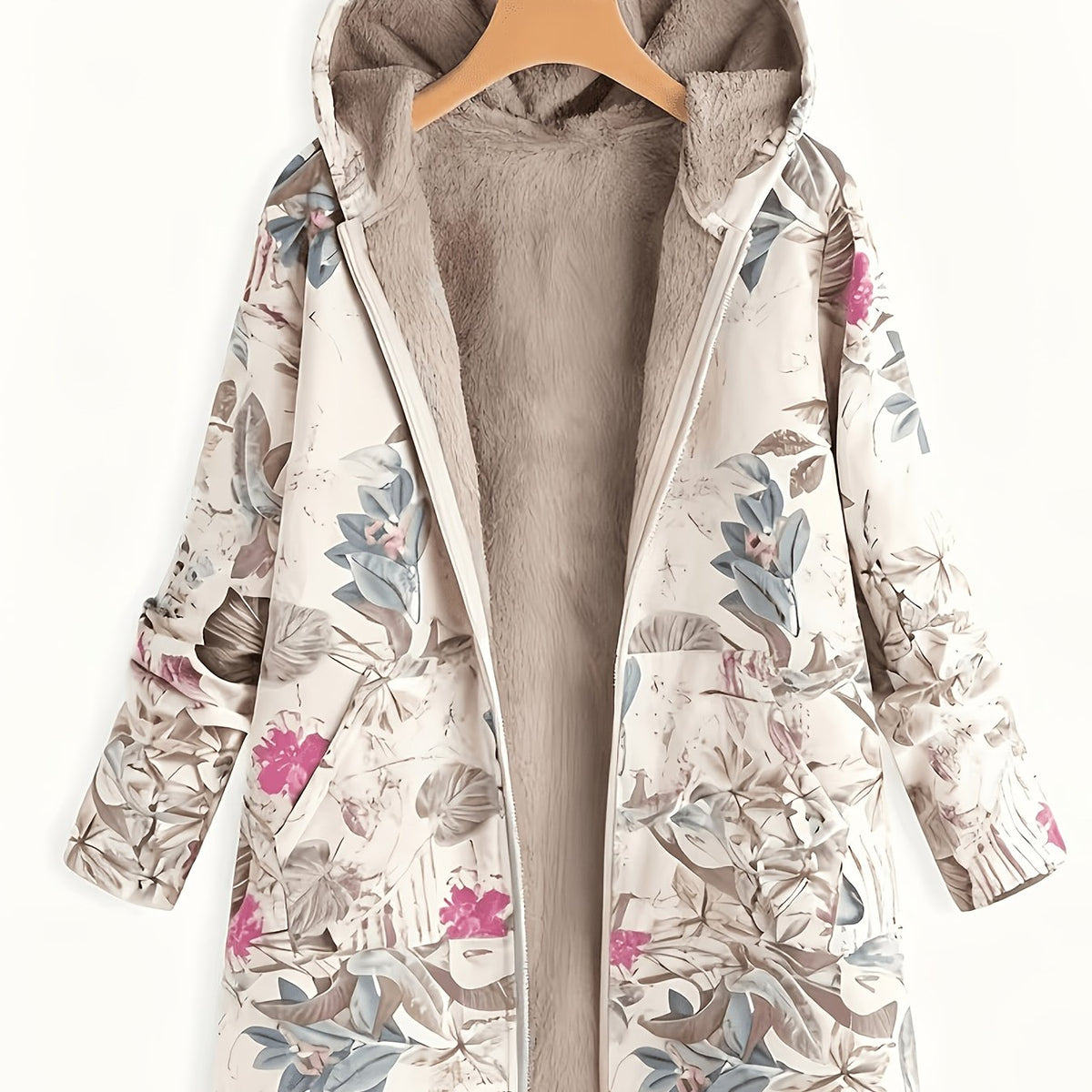 Vintage damesjas met capuchon, rits, verdikt, warme print en zakken