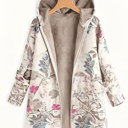 Vintage damesjas met capuchon, rits, verdikt, warme print en zakken
