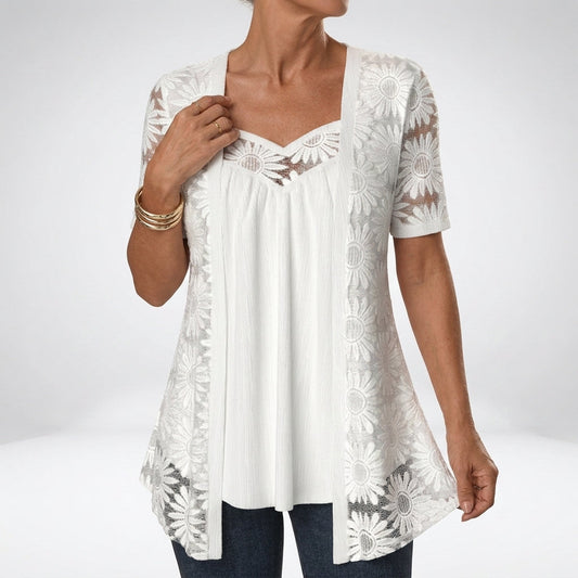 Prudence™ | Elegant White Lace Short-Sleeve Blouse