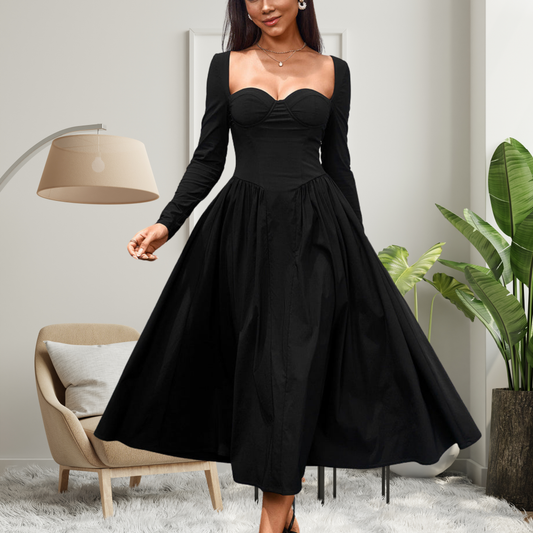 AKILA | Elegant Heart Neckline Long Sleeve A-Line Maxi Dress