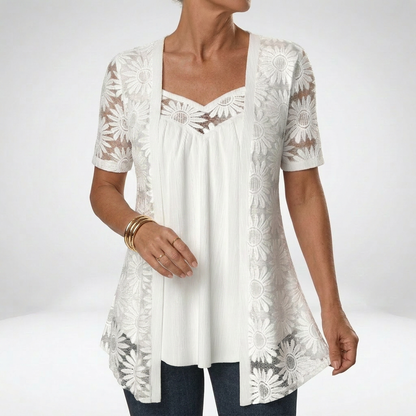 Prudence™ | Elegant White Lace Short-Sleeve Blouse