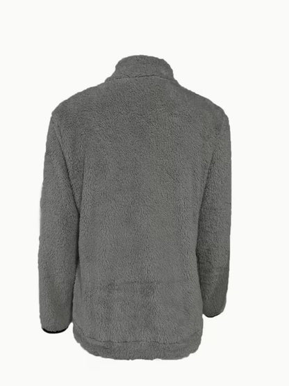 Dames Herfst Winter Fleece Jas met Rits, Opstaande Kraag Contrast Bies Zakken Zachte Teddy Pluche Korte Jas