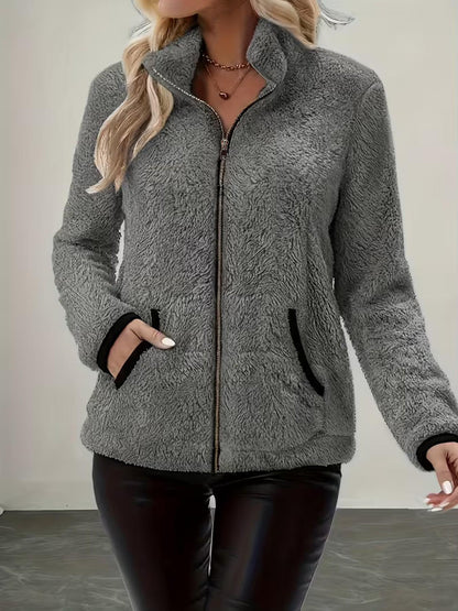 Dames Herfst Winter Fleece Jas met Rits, Opstaande Kraag Contrast Bies Zakken Zachte Teddy Pluche Korte Jas