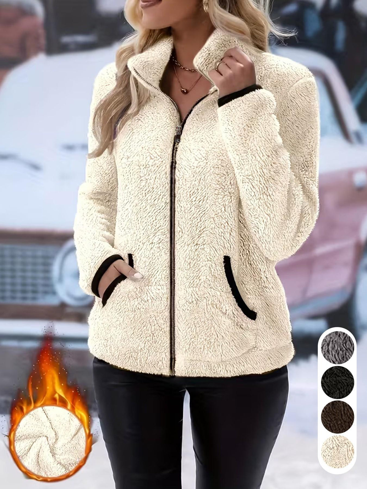 Dames Herfst Winter Fleece Jas met Rits, Opstaande Kraag Contrast Bies Zakken Zachte Teddy Pluche Korte Jas