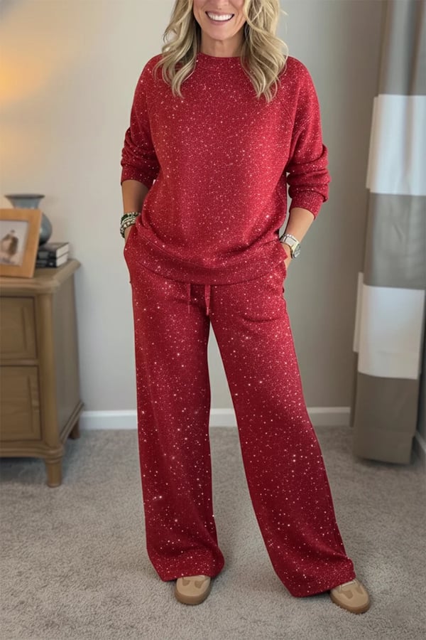 Amy | Shiny Casual Two-Piece Set for Women — Trousers and Top with Round Neck