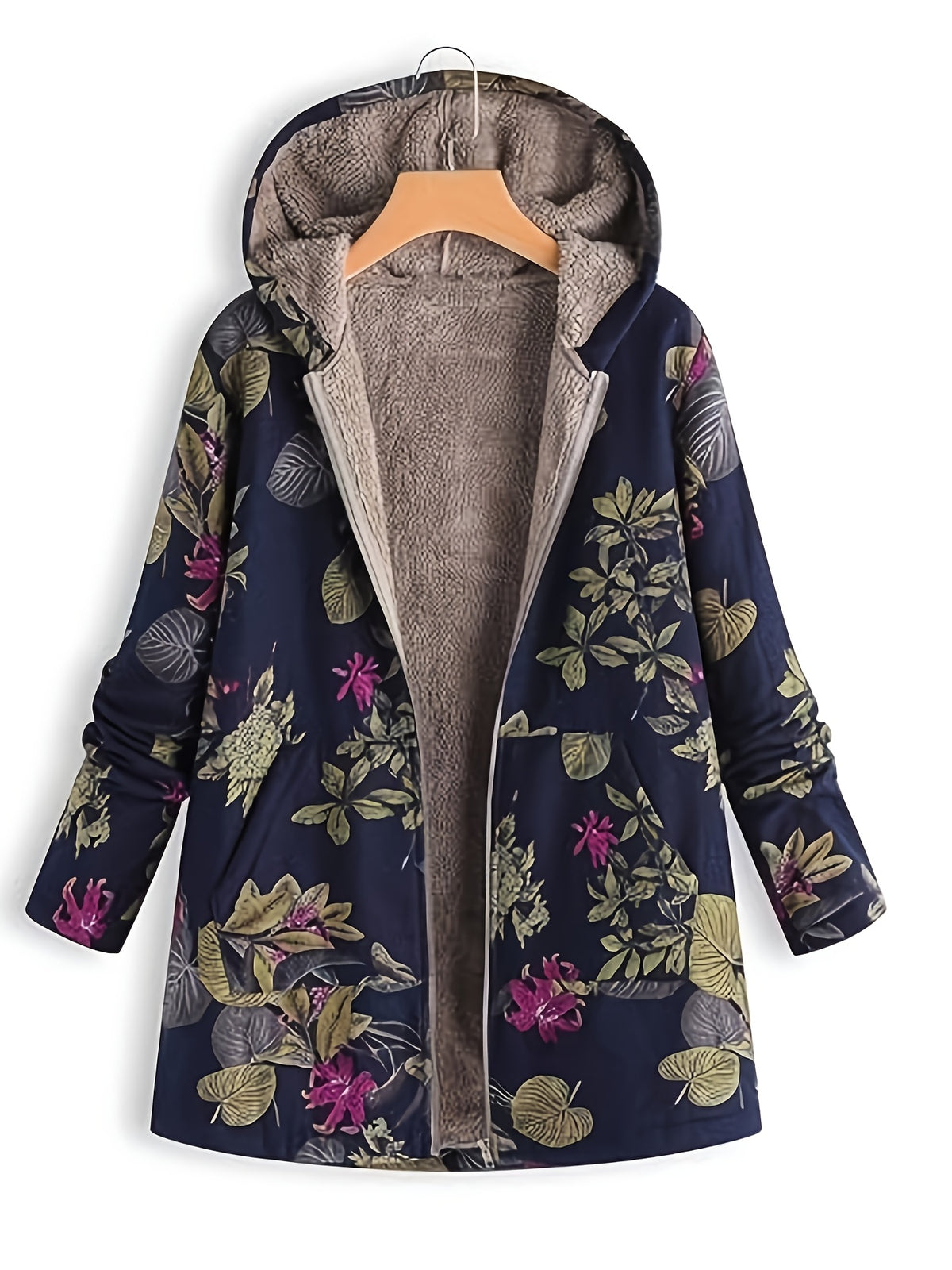 Dames etnische bloemenprint capuchonjas - gevoerd, met rits, losvallend en warm - voor herfst en winter