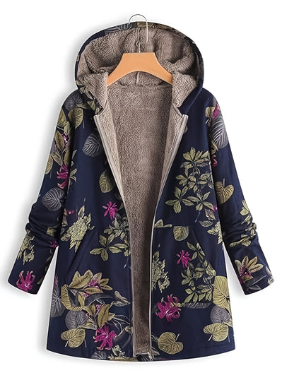 Dames etnische bloemenprint capuchonjas - gevoerd, met rits, losvallend en warm - voor herfst en winter