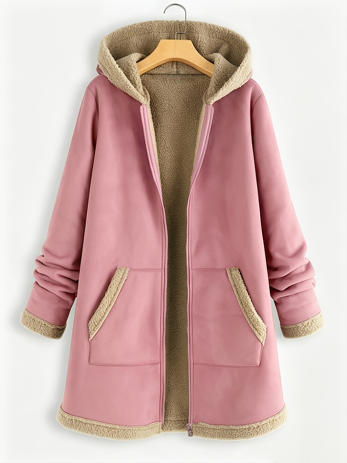 Dikke capuchonjas met midilengte voor dames, herfst en winter, contrast fuzzy afwerking met rits, losse warme buitenkleding met zakken, veelzijdig casual bovenstuk