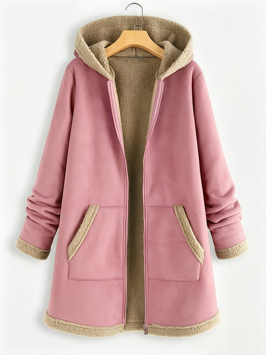 Dikke capuchonjas met midilengte voor dames, herfst en winter, contrast fuzzy afwerking met rits, losse warme buitenkleding met zakken, veelzijdig casual bovenstuk
