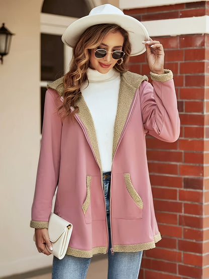 Dikke capuchonjas met midilengte voor dames, herfst en winter, contrast fuzzy afwerking met rits, losse warme buitenkleding met zakken, veelzijdig casual bovenstuk