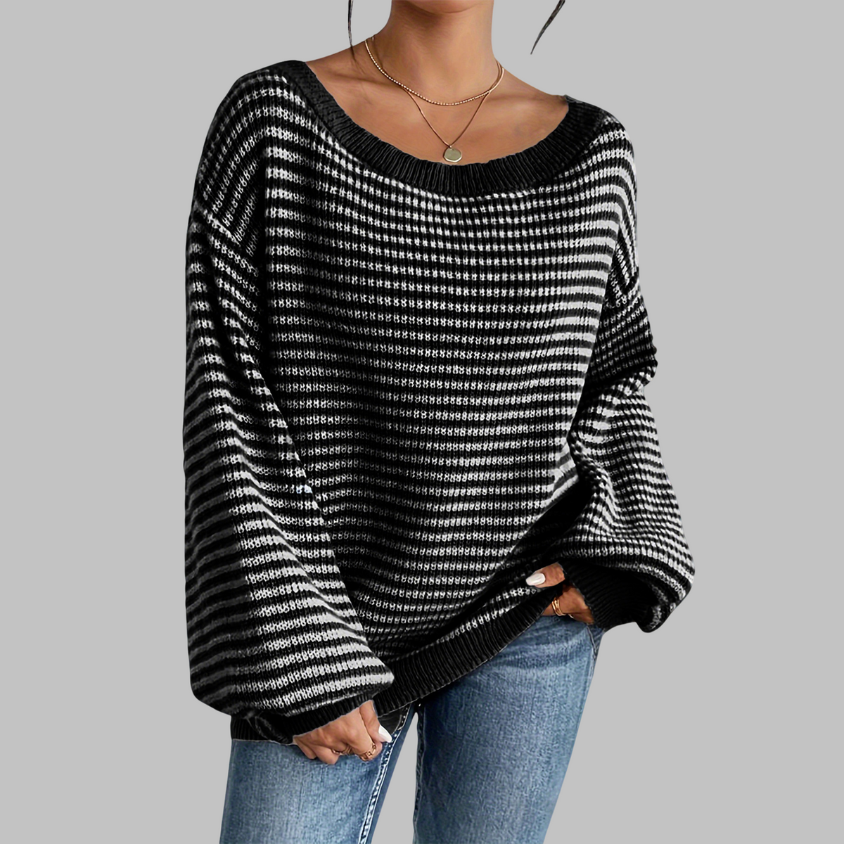 POSHIKO | Casual Striped Drop Shoulder Long Sleeve Sweater