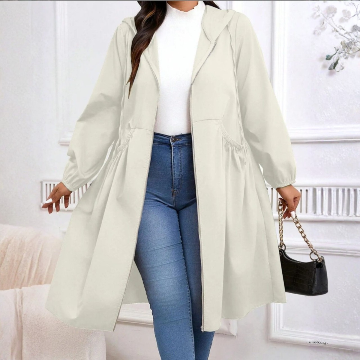 AVRIL | Plus Size Drawstring Zip-Up Long Sleeve Hooded Coat