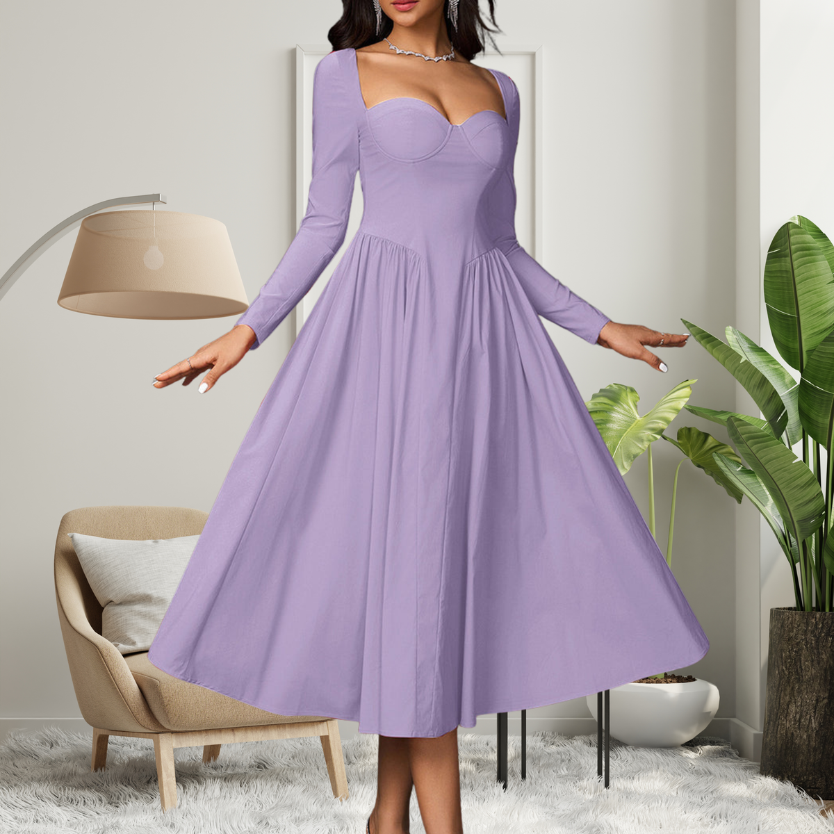 AKILA | Elegant Heart Neckline Long Sleeve A-Line Maxi Dress
