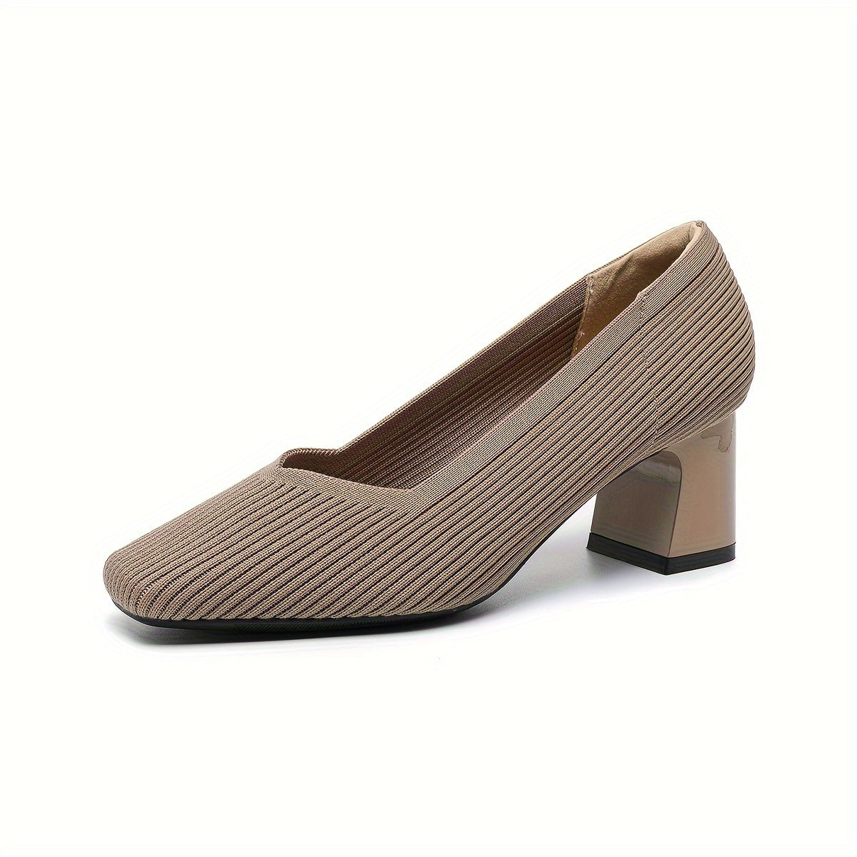 Mariella ribbed-knit court shoe with square heel, dark apricot, three-quarter studio view on white