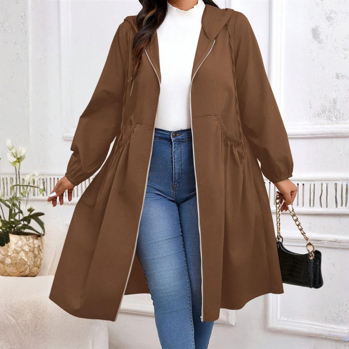 AVRIL | Plus Size Drawstring Zip-Up Long Sleeve Hooded Coat