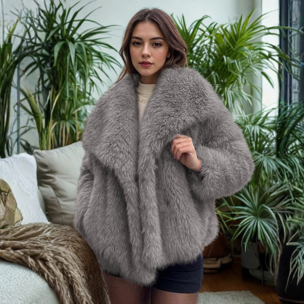 CORRINE | Classy Long Sleeve Collared Fuzzy Coat