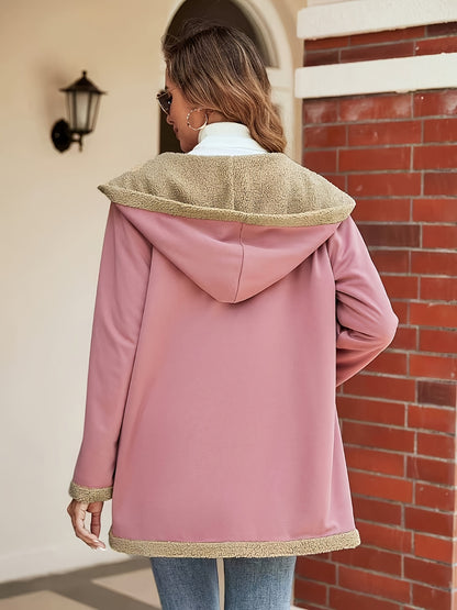 Dikke capuchonjas met midilengte voor dames, herfst en winter, contrast fuzzy afwerking met rits, losse warme buitenkleding met zakken, veelzijdig casual bovenstuk