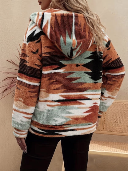 Dames Vintage Bedrukte Fleece Jas met Rits en Capuchon, Losse Jas met Trekkoord en Capuchon en Zijzakken, Retro Warme Bovenkleding, Geschikt voor Herfst en Winter