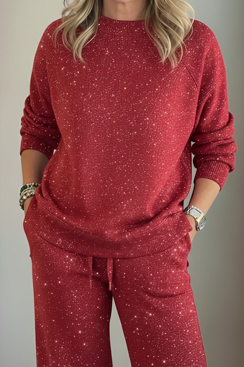 Amy | Shiny Casual Two-Piece Set for Women — Trousers and Top with Round Neck